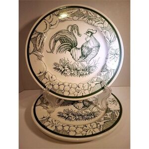 Vintage Rooster Farmhouse Snack Plates Set-2 Green Rooster Fruit Border Dinner